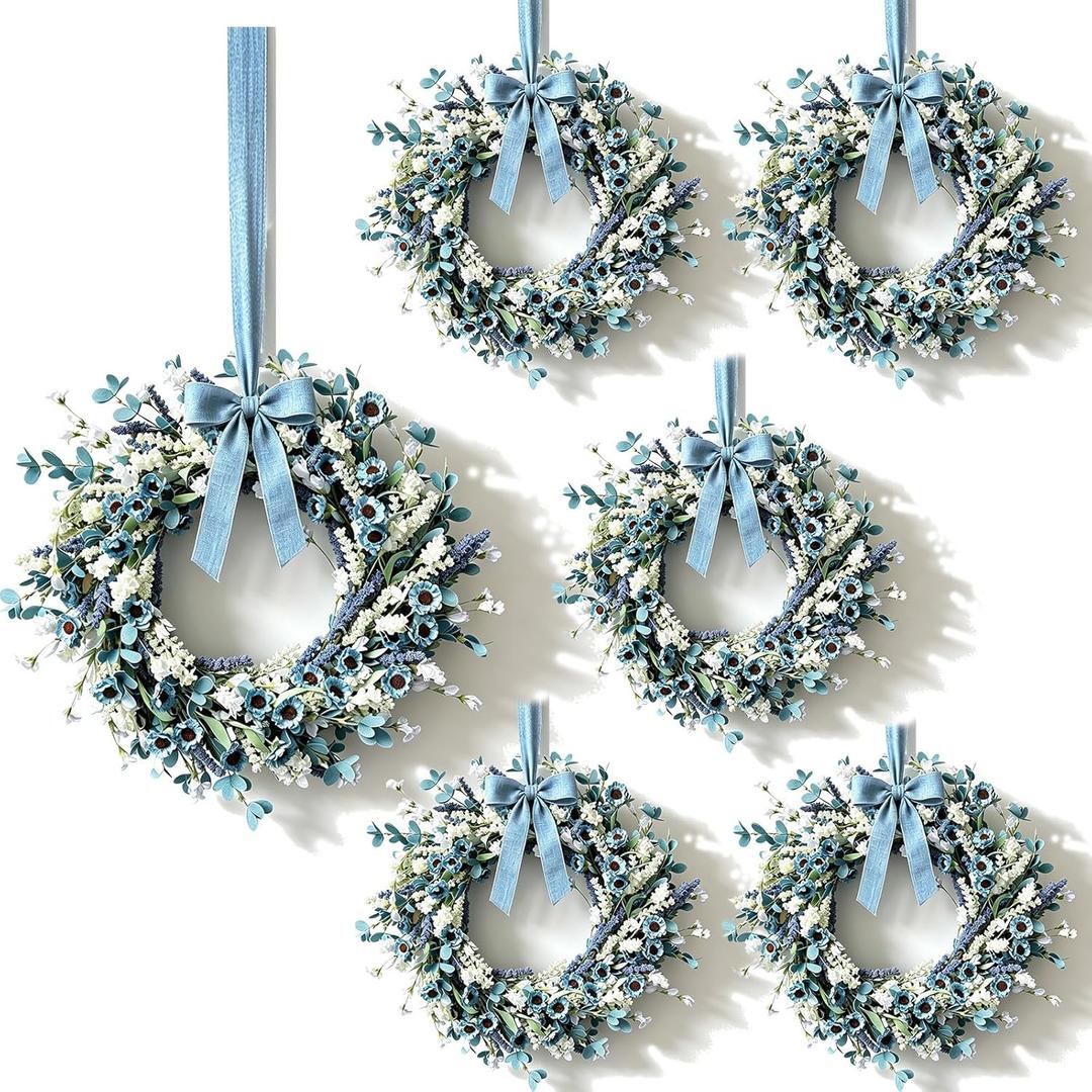 6 Pcs Small Blue Daisy Flower Hanging Wreaths for Cabinets with White Floral Eucalyptus Leaves Lavender Artificial Grains Mini Candle Rings Wreath for Home Front Door Farmhouse Coastal Blue Porch