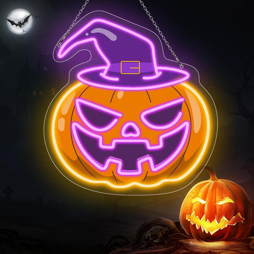 Halloween Neon Sign  Halloween Neon Signs for Wall Decor, Pumpkin Light Up LED Neon Sign for Room, Party and Halloween Holiday Decorations, Kids Gift
