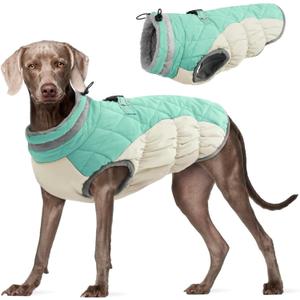 FUAMEY Dog Coat for Large Dogs,Waterproof Dog Winter Jacket with Harness Built in Puppy Cold Weather Coats Reflective Pet Vest with Zipper Warm Fleece Dogs Snowsuit Windproof Mint Green L 