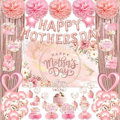 Happy Mothers Day Decorations, All-in-1 Kit with Rose Gold Pink Foil Fringe Curtains Banner Backdrop Balloons Centerpieces Cupcake Toppers Pom Poms Streamers for Best Mom Ever Spring Flower Birthday