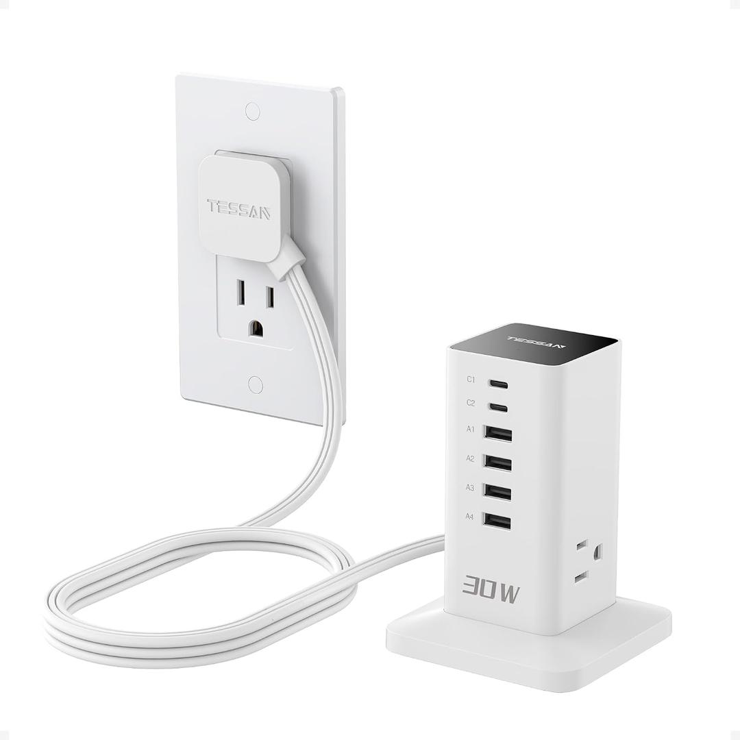 Charging Station for Multiple Devices, TESSAN 9-in-1 USB C Power Strip for iPhone 17/16/15, MacBook, Tablet, Desktop Phone Fast Charger with 3 AC, USB Charger, Home Dorm Office Accessories, White-30W