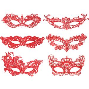 PENTA ANGEL Halloween Lace Masks 6Pcs Assorted Shapes Sexy Lady Venetian Masquerade Lace Eye Mask with Ribbon for Women (Red)