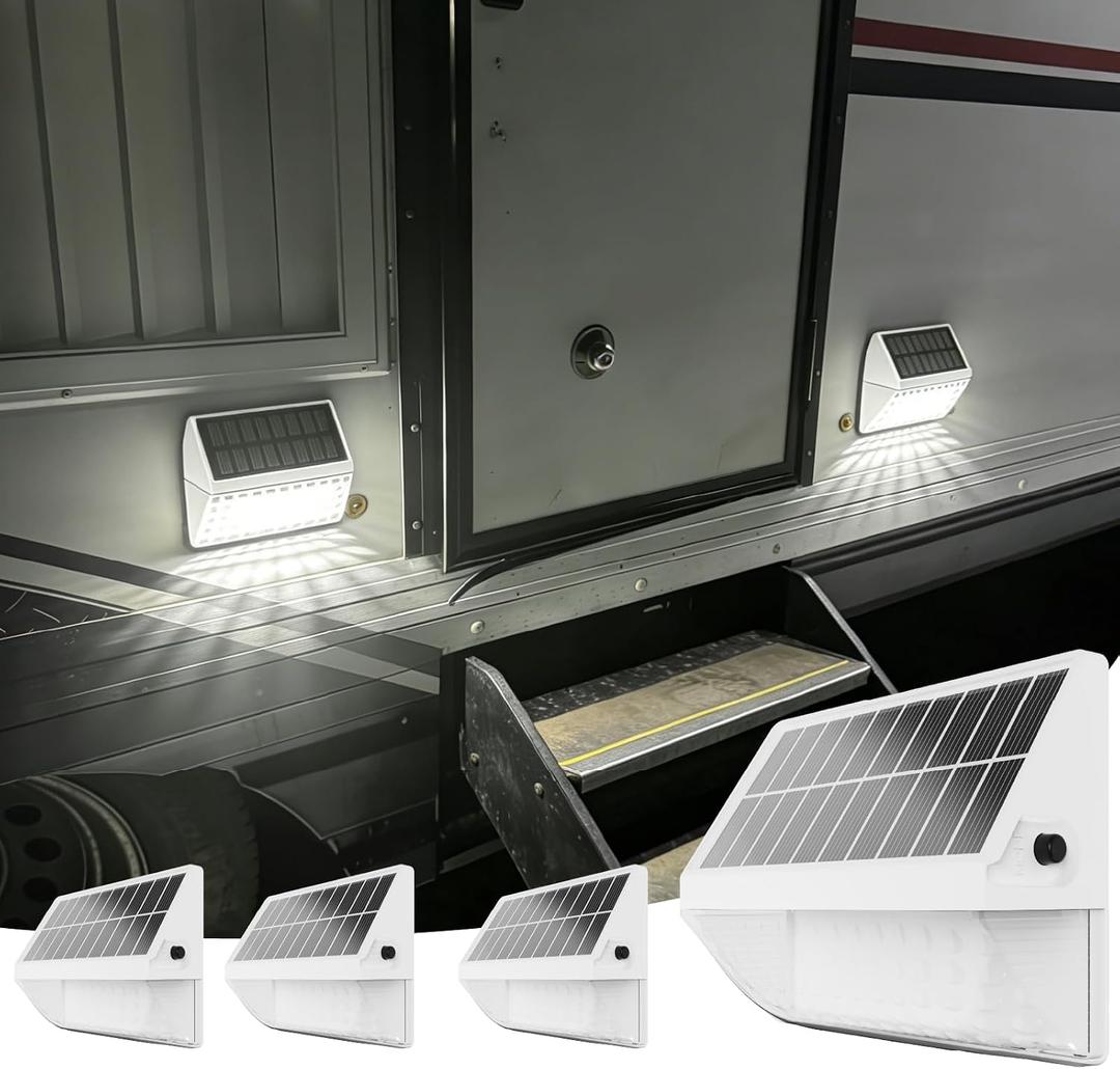 Solar Powered RV Step Lights, Wireless No Drill RV Exterior Light IP65 Waterproof, LED Camper Light Auto ON/Off RV Essentials Must Haves Accessories 4 Pack