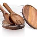 Large Glass Salad Bowls, Salad Bowl Set for Party with Acacia Wood Base and Lid and Salad Serving Utensils, Elegant and Practical Salad Bowls for Kitchen Essentials