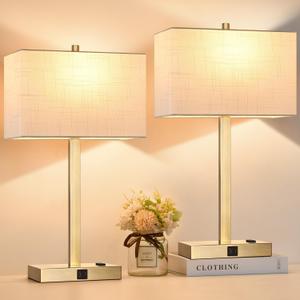 21" Touch Bedside lamps with 2 USB & AC Outlets, 3-Way Dimmable Bedside Table Lamps Set of 2 for Bedroom Living Room Office Reading, White Shade Lamps for Night Stands, 2700K LED Bulbs Included
