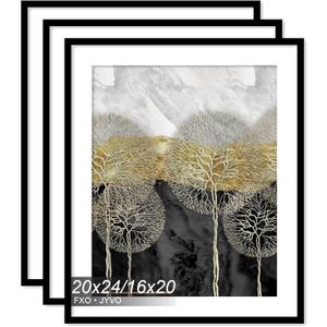 Fxojyvo 20x24 Picture Frame Set of 3, Display Poster 16x20 with Mat or 20 x 24 Without Mat, Light Weight and High Transparent 20 by 24 Frame for Wall - 3 Pack/Black/20 x24