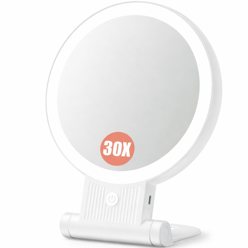 Auxmir 1X/30X Magnifying Mirror with Light, Double Sided Makeup Mirror with Adjustable 3 Color Light, 2000mAh Rechargeable Lighted Magnifying Mirrors, Foldable Travel Mirror with Rotation