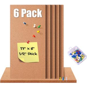 6 Pack Cork Bulletin Board 17"x8" - 1/2" Thick Cork Board Tiles,Self-Adhesive Frameless Cork Tiles Wall Decor with 50 PCS Pushpins