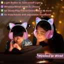 Cat Ear Kids Headphones Bluetooth, LED Light up Wireless/Wired Mode Over Ear Headphones with Build in Microphone for School/Travel (Pink)