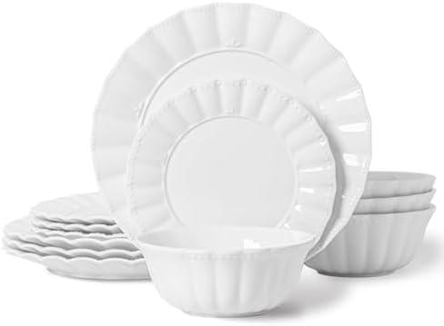 HOMBENE Plates and Bowls Sets, 18 Piece Dinnerware Sets Bone China, Porcelain Dinner Set with Cereal Bowls, Ceramic Soup Bowls, for Pasta, Salad, Gift Idea, Wavy Pattern