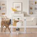 No Pawblems Free Standing Dog Gate with Cat Door, 30'' Tall Foldable Dog Fence for Indoor & Outdoor, Up to 78 Inch Extra Wide Puppy Gate for Stairs, Hallways, Doorways, Deck, Yard (White, 3 Panels)