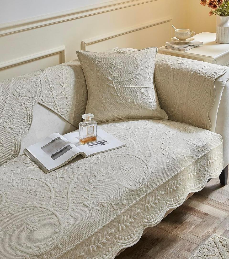 vctops Cotton Quilted Couch Cover Floral Leaves Embroidery Sofa Cover Non Slip Sofa Slipcover for Dogs Cats Kids Loveseat Recliner L Shaped Armrest Backrest (Beige,36"x36")