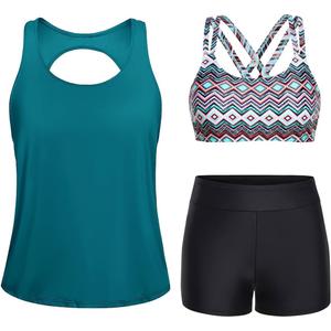 Yonique 3 Piece Tankini Swimsuits for Women Bathing Suits with Boy Shorts and Swim Tank Top Bra Modest Swimwear XL