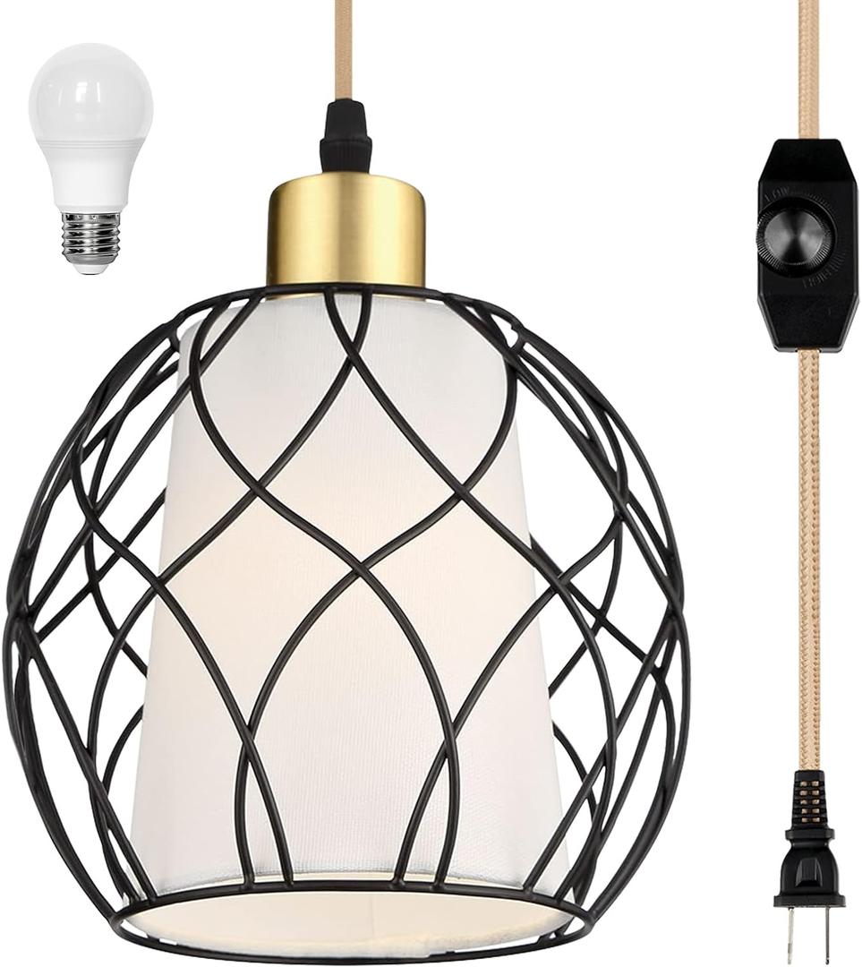 Plug in Pendant Light, Black Farmhouse Hanging Lights with Linen Shade, 15ft Golden Cotton Cord, Industrail Ceiling Lamp with Dimmable Switch, for Kitchen Island Living Room (Bulb Included)