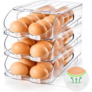 SMRCAD Egg Holder for Fridge, Automatic Steady Rolling Egg Container with Soft Bumpers & Handle for Refrigerator, Stackable Fridge Organizers and Storage with Lid ((M SIZE) 3 Tier Holder 36 Eggs)