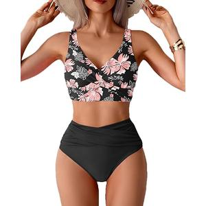 Fanuerg Women High Waisted Bikini Sets V Neck Cross Twist Front Two Piece Swimsuit Tummy Control Bathing Suit (Large, Black Floral)