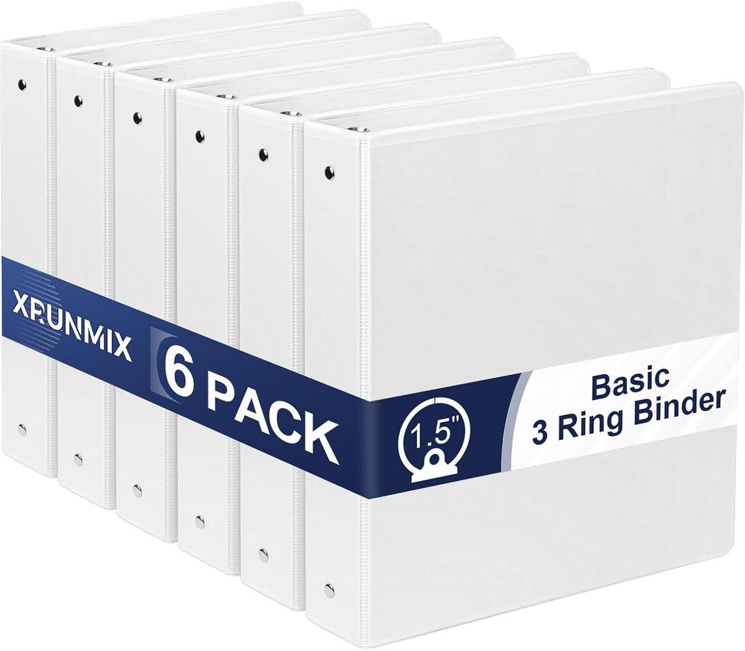 1.5-Inch 3-Ring Binder with Pockets, 1-1/2 Premium View Binders with Three Ring Binders Holds up to 325 Sheets US Letter Size, Bulk Pack of 6, Perfect for Home, Office, and School (1.5-inch) White
