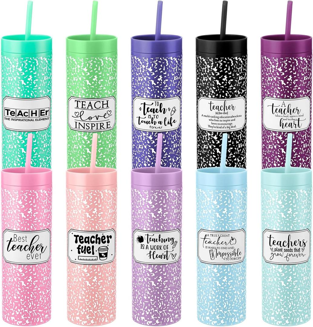 Teenyyou 10 Pcs Teacher Appreciation Week Gifts 16 oz Inspirational Plastic Tumbler with Lid and Straw Thank You Gift for Mentor Back to School Graduation Party Favors Teacher Day Gifts for Women
