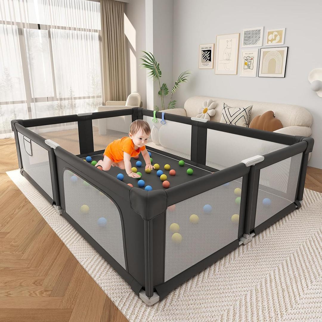 Foldable Playpen for Babies and Toddlers with Mat, 73" x 61" Playard for Indoor & Outdoor, Baby Play Pen with Soft Breathable Mesh, Pull-Link and Ocean Balls, Black