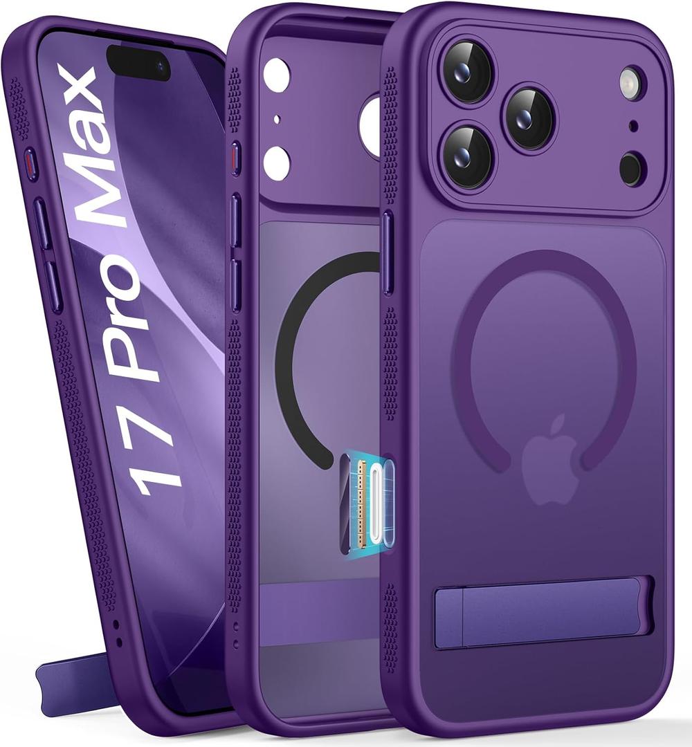 for iPhone 17 Pro Max Magnetic Case with Stand, Camera Control Button, Compatible with MagSafe, Full Lens Protection, Military Grade Drop, Translucent Slim Rugged Case for 17 Promax, Dark Purple
