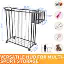 Multi-Sport Ball Storage Cart with Side Basket for Gloves & Tennis; Gravity-Access Elastic Straps for Kids; Rolling Garage Organizer Rack for Basketballs, Soccer & Yoga Mats - Multi-Athlete Families