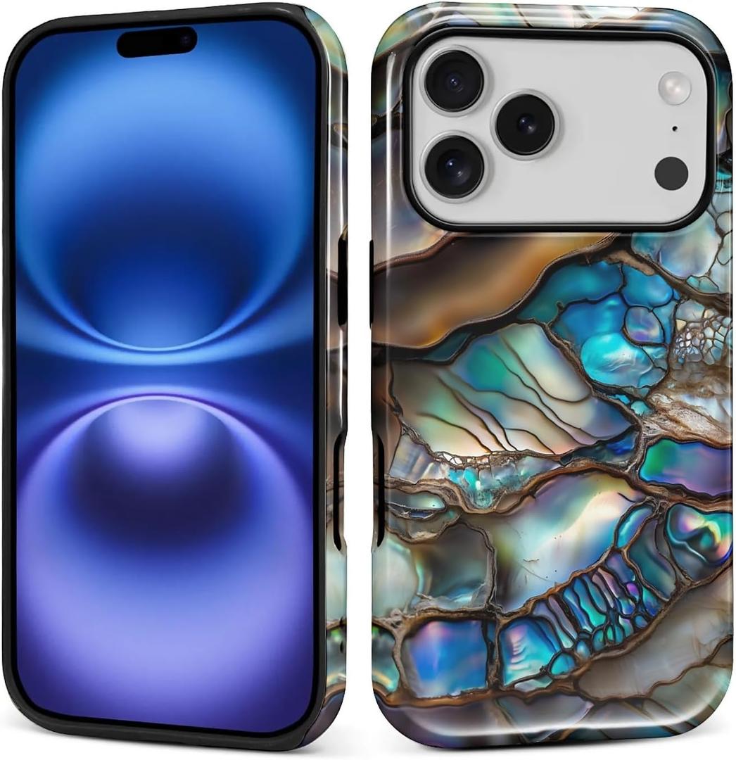 Case for iPhone 17 Pro,Shockproof Hard Shell Soft Silicone 2 in 1 Hybrid Shockproof Bumper Drop Protective Blue Abalone Mollusk Shell