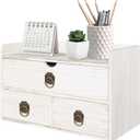 Wood Desk Organizer with Drawer, White Wooden Desktop Organizer, Tabletop Storage Organization Box for Countertop, Home Office Supplies, 13.5x6.6x8.2 Inch(3 Drawer and Shelf)