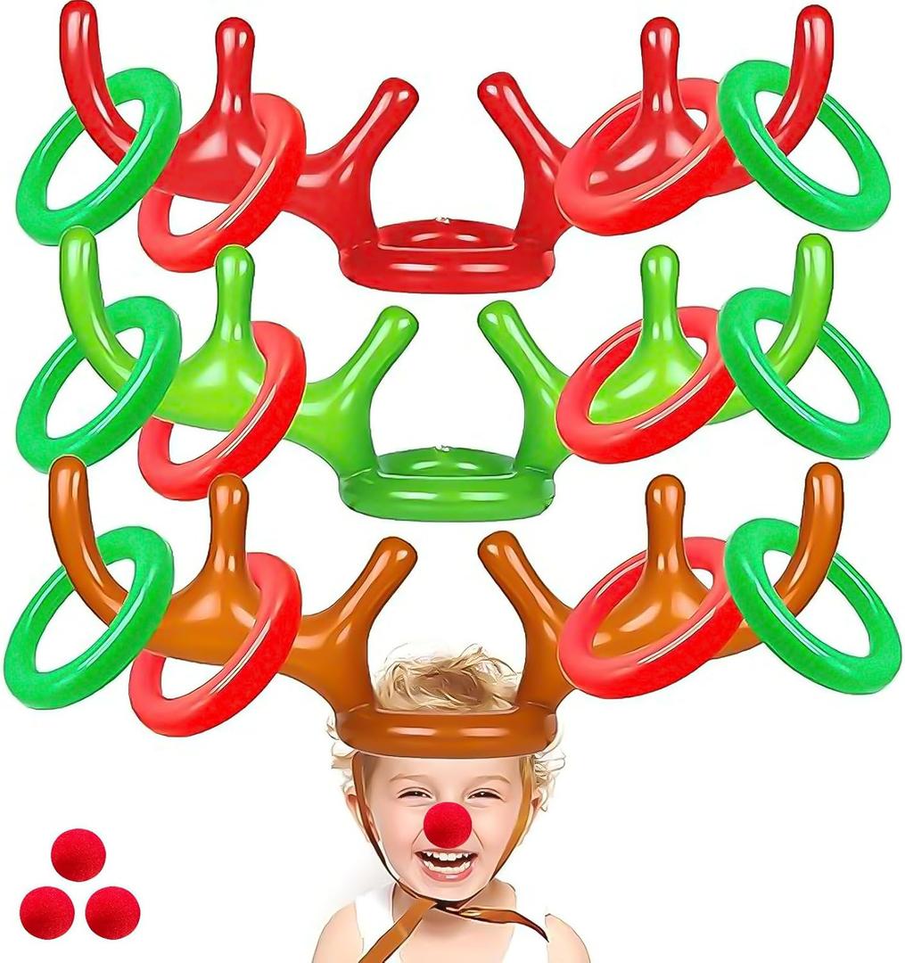 18 Pcs 3 Set Inflatable Reindeer Antler Ring Toss Christmas Party Games Kids Family Toys Stock Stuffer Christmas Activities Decorations Carnival Supplies Gifts Grandkids- 3 Antlers 12 Rings 3 Red Nose
