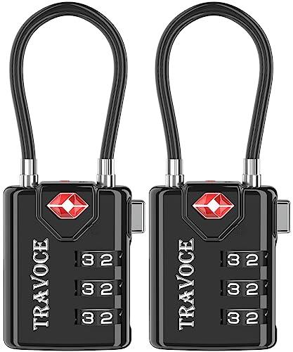 TRAVOCE TSA Approved Luggage Locks - Heavy Duty 3 Digit Combination Cable Lock, Search Alert for Suitcases, Backpacks, Golf Bags, Tents, Violin and Camera Cases, 2 Pack, Black