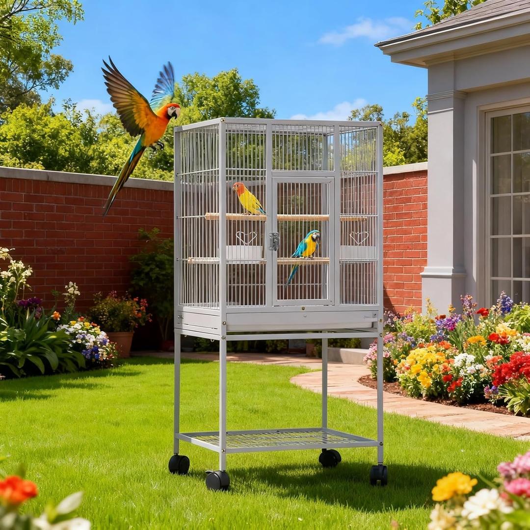 GarveeHome 41 Inch Large Bird Cage, Bird Cage with Rolling Storage Stands, Feed Bowls, Parrot Cage for Parakeets, Conures, Cockatiel, Cockatoo
