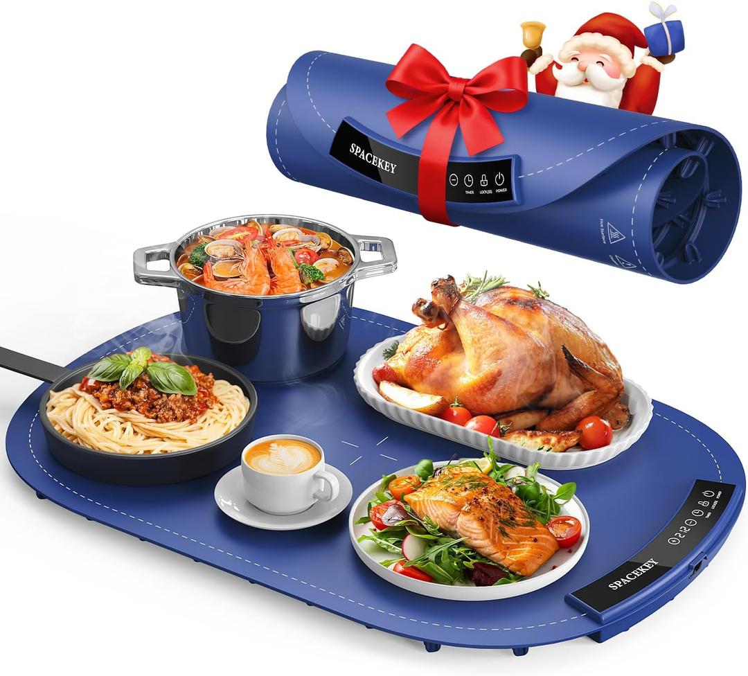 Warming Mat for Food - Roll Up Silicone Electric Warming Tray Full Surface Even Heating with 7 Temp Setting, 4 Hours Auto-Off, Raised Feet Protects Countertop, Food Warmers for Parties Buffet