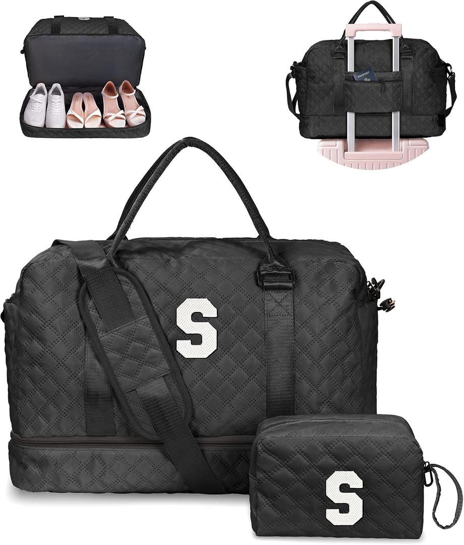 Gifts for Granddaughter-Initial Duffle Bag with Shoe Compartment, Personalized Weekender Bag, Monogram Overnight Bag, Letter Travel Bag with Makeup BagDaughter Friend Gifts (Letter S), 12 inches x 7 inches x 2 inches