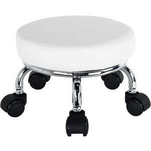 Modern Roller Seat PU Leather Low Round Rolling Stool 360 Swivel Small Stool with Universal Caster Wheels for Home Office Garage Shop Fitness Sport H8.6" (White)