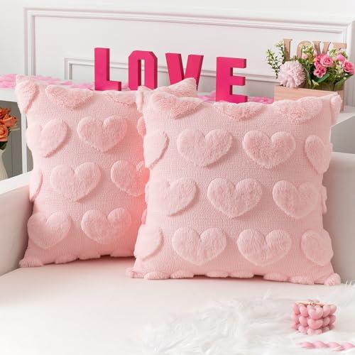 Kevin Textile Heart Love Cute Decorative Throw Pillow Covers 18x18 Inch Set of 2 Soft Faux Fur Pillow Covers for Valentine's Day Gifts Fluffy Plush Pillow Cases for Couch Cushion Livingroom Pink