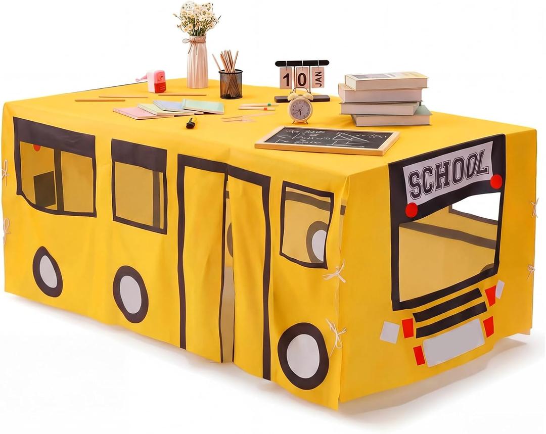 Oudain 10ft x 7.5ft Large Tablecloth Playhouse for Kid Table Fort Cover Table Cloth Tent Playhouse for Dining Room Birthday Indoor Outdoor Party Playground (Yellow Color, School Bus Style)