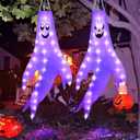 Enhon Solar Halloween Decorations Outdoor, 4 Pack 50 Inch Light Up Scary Ghost Windsocks with Purple LED, Hanging Solar Halloween Lights for Yard Party Garden Tree Graveyard Nightmare Decor