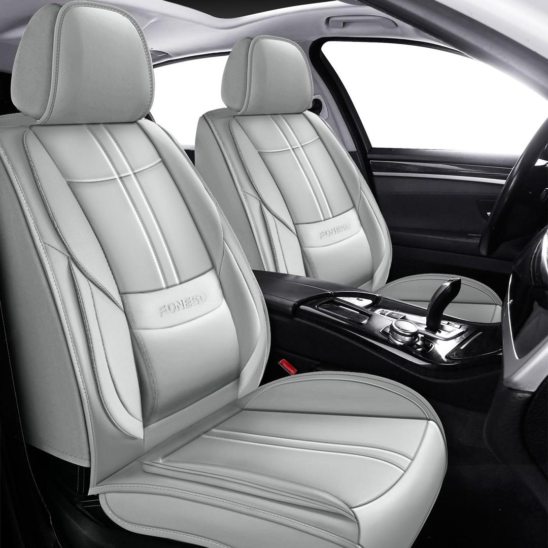 Foneso Universal Car Seat Covers Front, Nappa Leather Automotive Seat Covers Non-Slip Vehicle Accessories, Waterproof Seat Protector Fit for Sedan, Airbag Compatible, Back Support (Grey, Front Seat)
