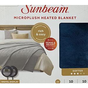 Sunbeam Microplush Queen Electric Heated Blanket with Preheat Feature Two Digital Controller 12-Heat Settings Auto Shut-Off , UL Certified for Safety, Legion Blue, Full 72"x84"