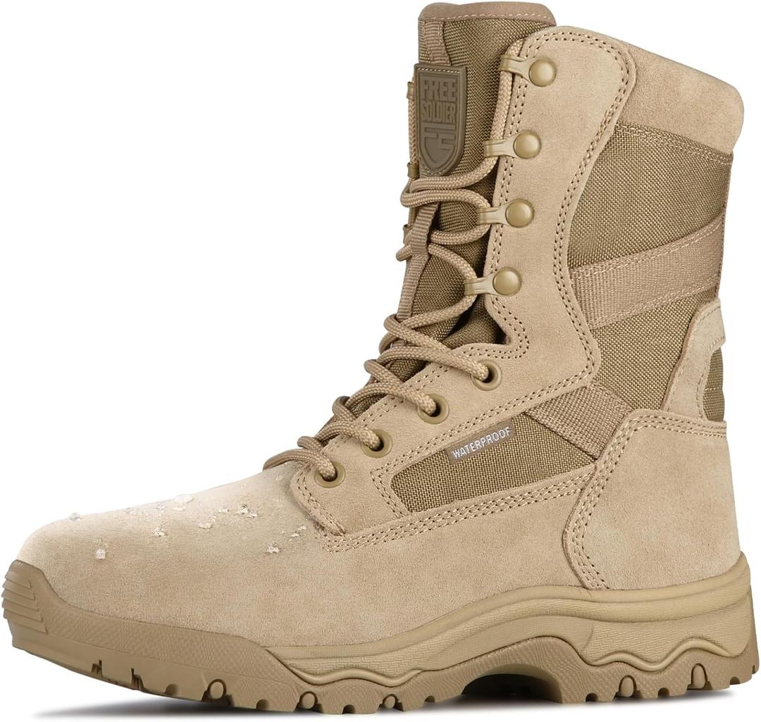 FREE SOLDIER Men's Work Tactical Boots 8 Inches Lightweight Combat Boots Durable Suede Leather Military Boot Desert Boot (9.5 Wide, Dark Tan)