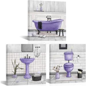HOMEOART Bathroom Wall Art Bath Tub Painting Picture Bathroom Wall Decor Framed Ready to Hang 12x12inchx3 Purple