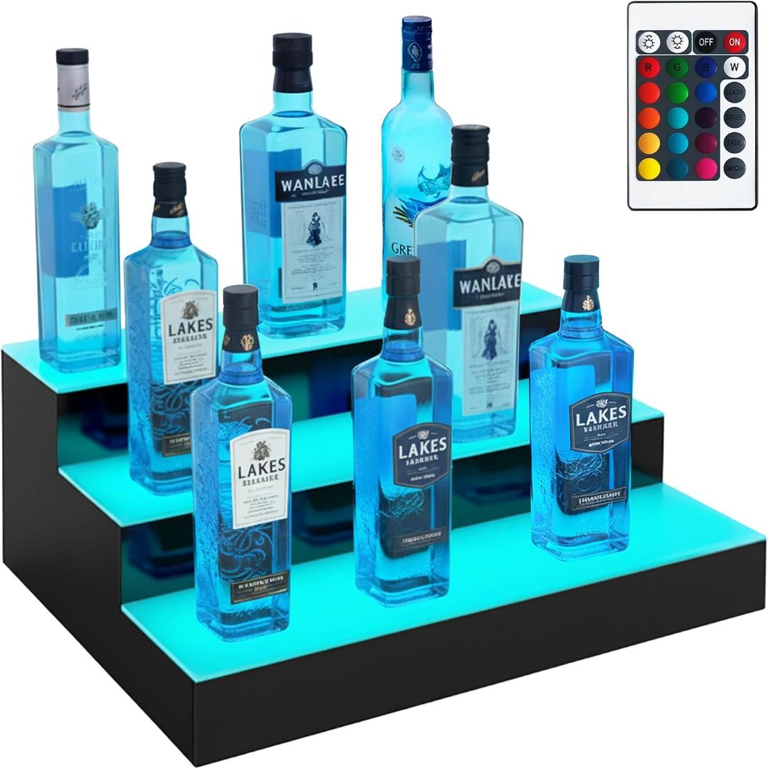 Royxen LED Lighted Liquor Bottle Shelf 3 Tier, 16 Inch Bar Shelf with Remote, Bottle Stand Multi-Color Lighting Modes for Bars