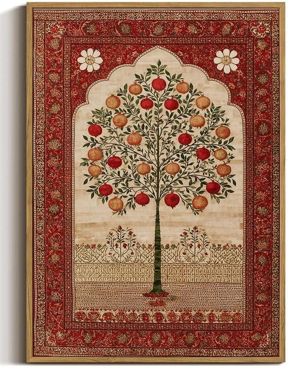 XJYISUO Vintage Framed Wall Art Persian Canvas Art Omegranate Tree Pictures Wall Decor Islamic Paintings Classic Artwork For Living Room Bedroom, 24"L x 16"W