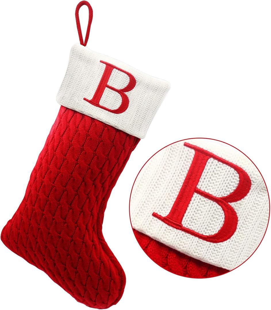 ZOEA 20 Inches Christmas Stockings with Initials, Large Embroidered Letter Knit Christmas Stocking for Family Holiday Decorations and Xmas Gift (B, Red)