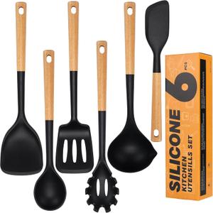 Silicone Cooking Utensils Set, Heat Resistance Large Kitchen Utensils Set with Long Wooden Handle, BPA-free Silicone Spatula, 6 Pcs Cooking Spoons for Non Stick Frying Pans and PotsBlack
