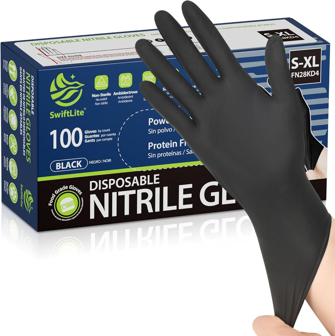 SWIFTLITE Black Nitrile Gloves, Food Safe Disposable Gloves Latex Free, Rubber Gloves Powder Free for Cooking, Kitchen Clean (03-black(large 100))