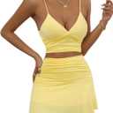 SHENHE Women's Y2k 2 Piece Mini Skirt Set V Neck Crop Cami Top Ruched Ruffle Skirt Going Out Set (Yellow) S