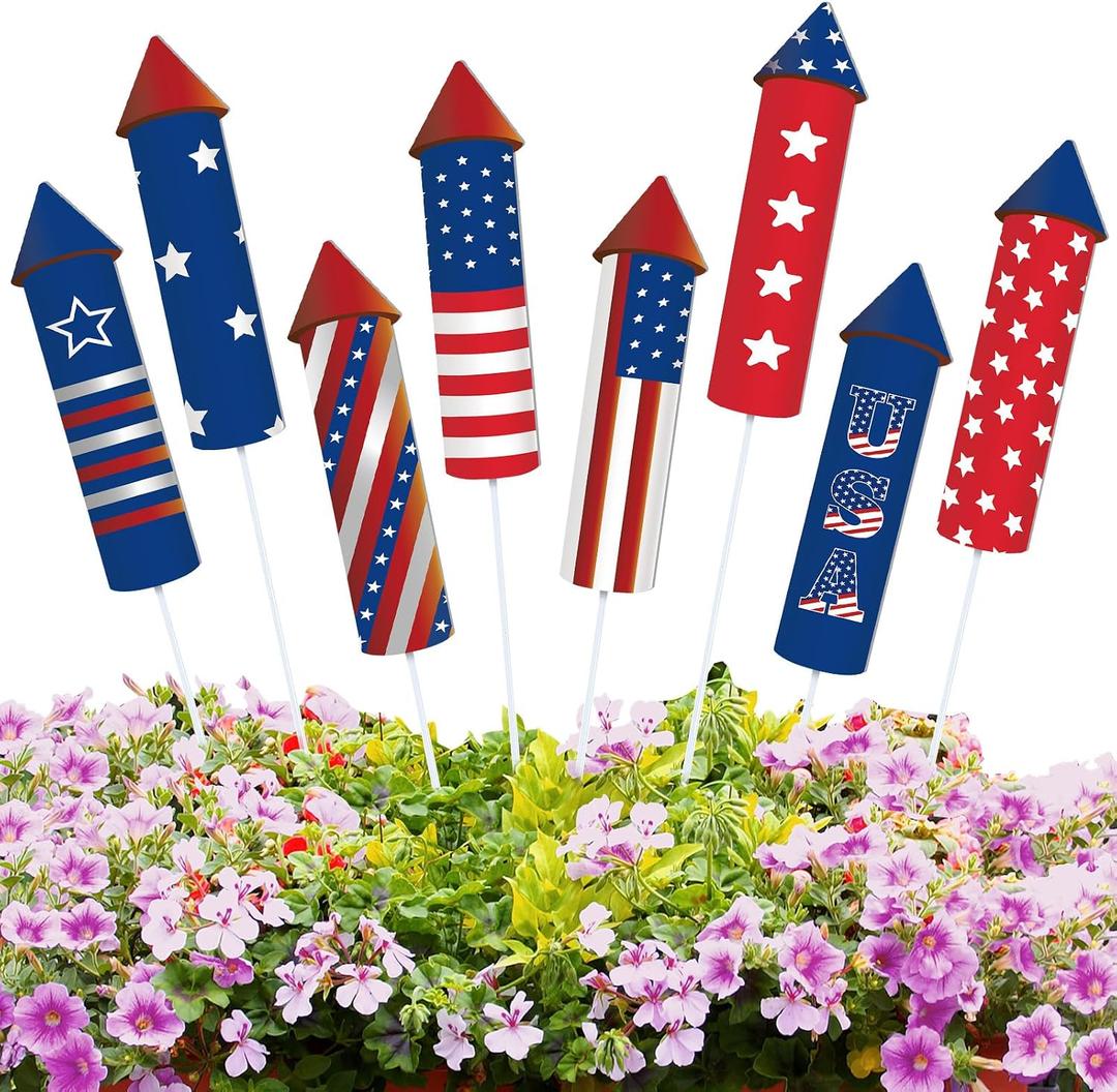 CroBlissful 8 Pcs 4th of July 250th Garden Stake Metal USA Flag Yard Sign Patriotic Decor for Independence Day Memorial Day Metal Plant Stick Outdoor Lawn Garden Home Yard Decorations(Rockets)