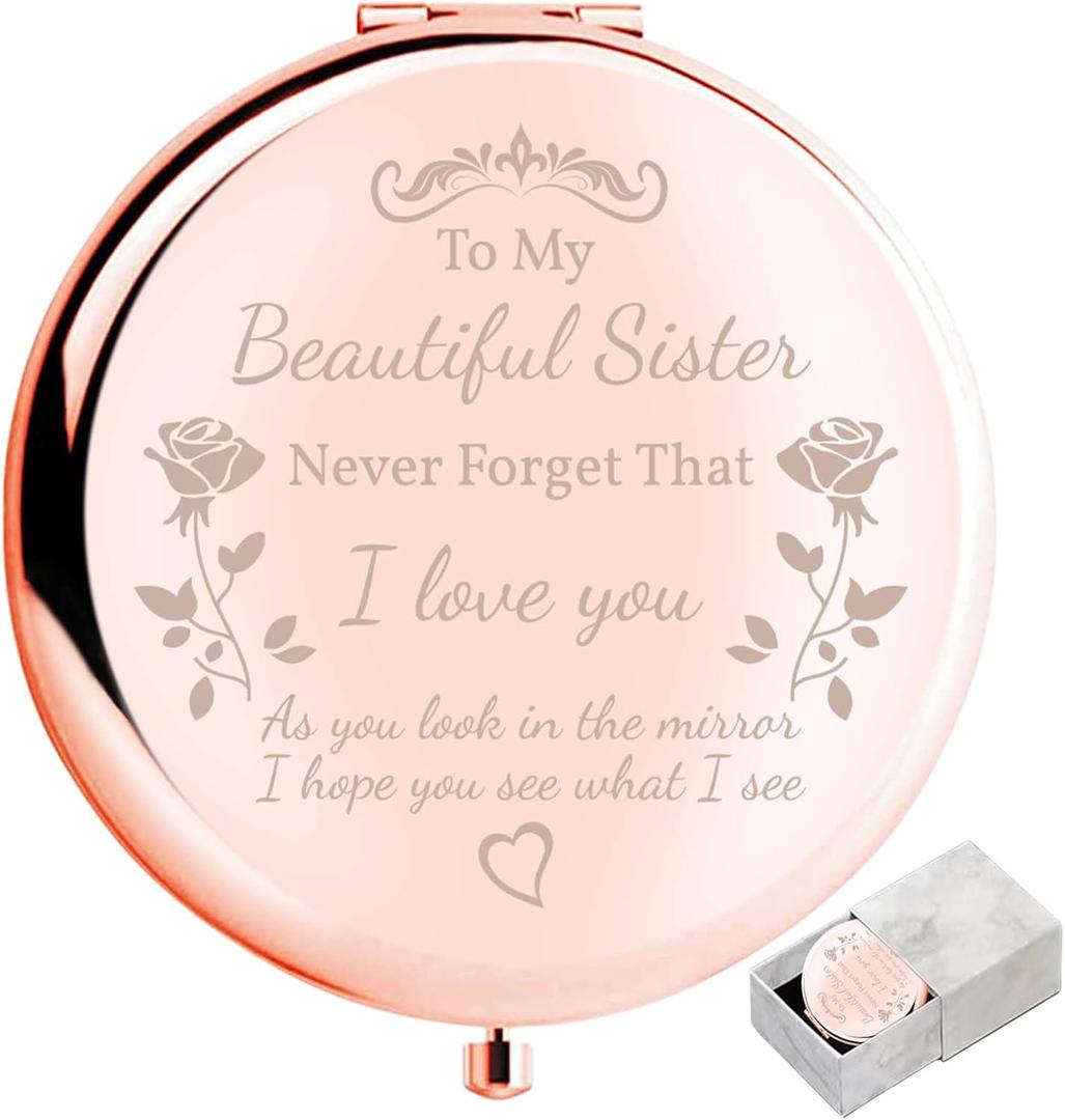 Sister Gifts Compact Mirror, to My Beautiful Sister Gorgeous Rose Gold Compact Mirror Unique Friend Gift Mirror for Women Girls Sisters for Women BFF