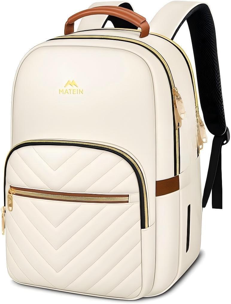 MATEIN Lightweight School Backpack for Women, 15.6 Inch Laptop Backpack | Slim Design, Fashion Teacher Nurse Bag, with Leather Handles, Casual Daypack Perfect, for Work and Commute, Beige
