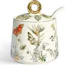 Ceramic Sugar Bowl with Lid and Spoon with Floral Pattern, Gold Trim - 7.5oz Elegant Sugar Jar with Lid and Spoon, Nordic Style for Kitchen, Dining, Cafe, Gift Idea (B)
